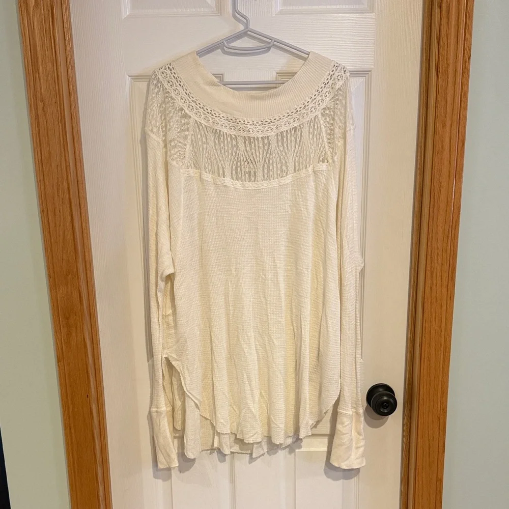 11 NWT Free People Spring Valley Ivory Lace Waffle Knit Boho Blouse Large